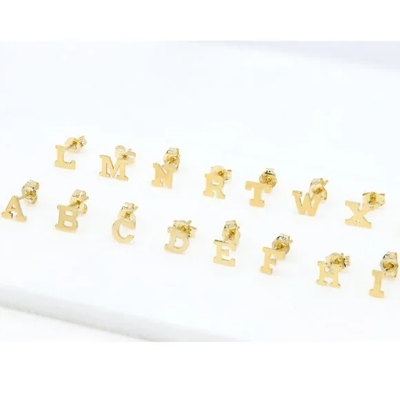 14k Gold Mini Alphabet Earrings Studs Sold as a Pair Fit for any Age - Picture 3 of 17